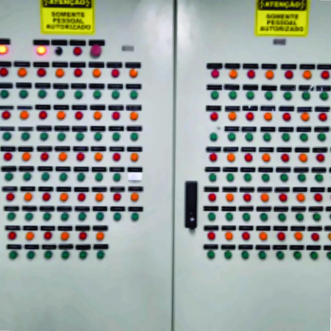 Painel industrial fechado com sinalizadores e comandos identificados
